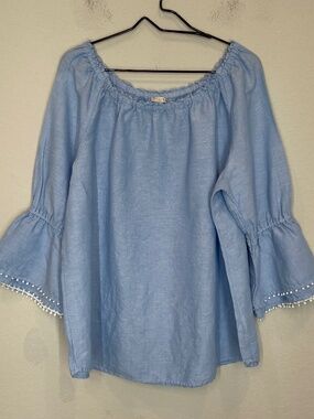 Talbots Peasant Blouse Women's XL Blue Linen Blend Bell Sleeves